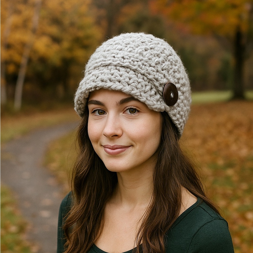 Handmade Crochet Newsboy Unisex Gray Beanie Cap